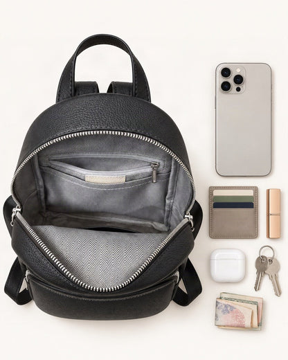 What fits in the Leather Mini Backpack: smartphone up to 6.9 in, cards, keys, a lipstick, airpods in their case, a few banknotes folded over into a small stack, no complete flat bill face showing