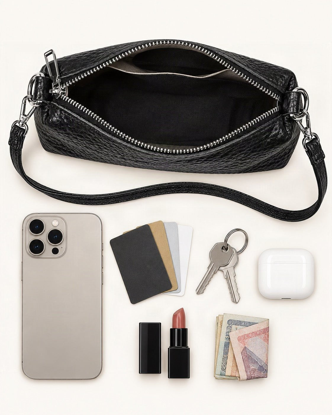 What fits in the Top-Grain Cowhide Small Shoulder Crossbody Bag: smartphone up to 6.9 in, cards, keys, a lipstick, airpods in their case, a few banknotes folded over into a small stack, no complete flat bill face showing