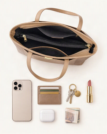 What fits in the Pebbled Cowhide Leather Tote Bag: smartphone up to 6.9 in, cards, keys, a lipstick, airpods in their case, a few banknotes folded over into a small stack, no complete flat bill face showing