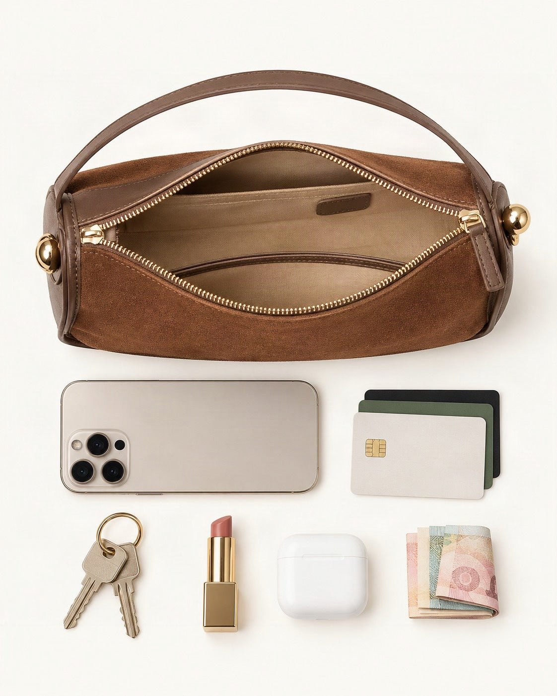 What fits in the Suede Cowhide Small Crossbody Bag: a 6.9-inch phone (iPhone 16 Pro Max), cards, keys, a lipstick, AirPods in their case, folded notes