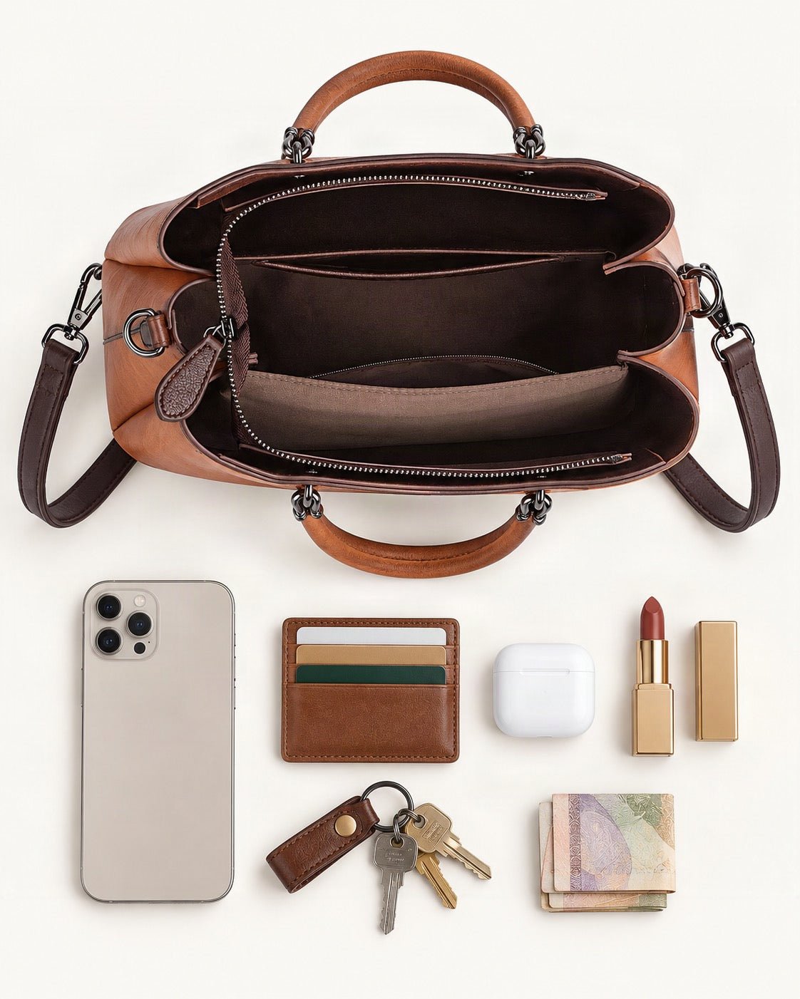 What fits in the Top-Grain Cowhide Floral Crossbody Bag: smartphone up to 6.9 in, cards, keys, a lipstick, airpods in their case, a few banknotes folded over into a small stack, no complete flat bill face showing