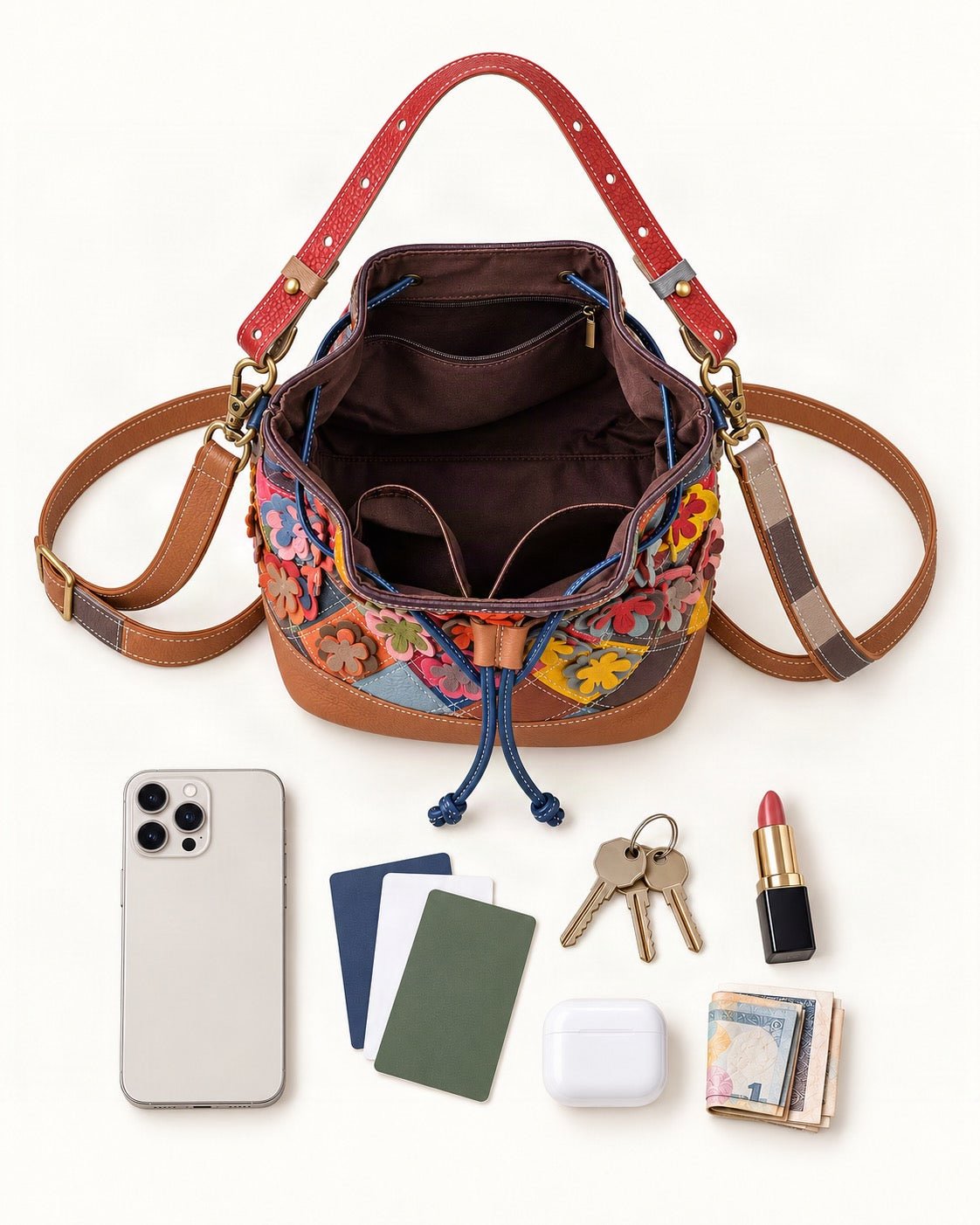 What fits in the Top-Grain Cowhide Small Bucket Shoulder Bag: smartphone up to 6.9 in, cards, keys, a lipstick, airpods in their case, a few banknotes folded over into a small stack, no complete flat bill face showing