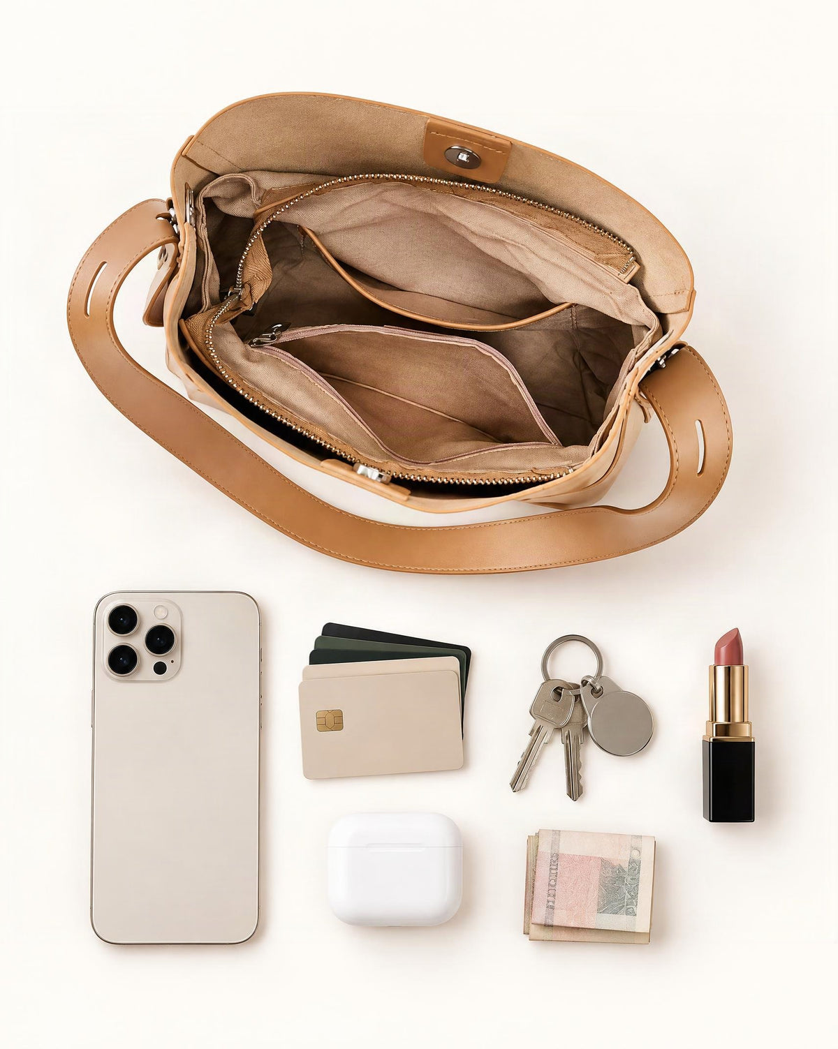 What fits in the Genuine Leather Bucket Bag - Small Capacity Crossbody: smartphone up to 6.9 in, cards, keys, a lipstick, airpods in their case, a few banknotes folded over into a small stack, no complete flat bill face showing