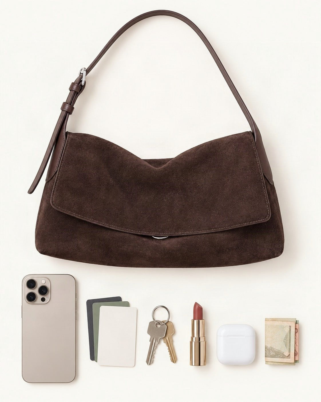 What fits in the Suede Leather Small Plus Shoulder Bag – Color Options: a 6.9-inch phone (iPhone 16 Pro Max), cards, keys, a lipstick, AirPods in their case, folded notes