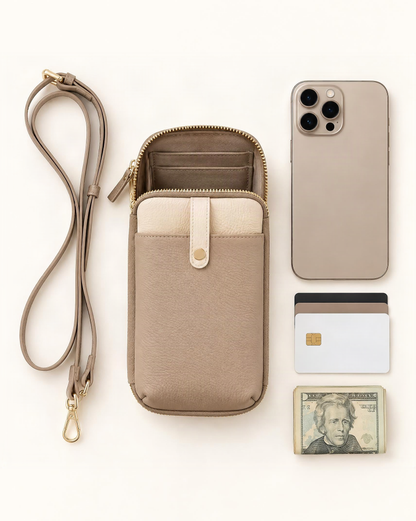 What fits in the Cowhide Leather Micro Crossbody Phone Bag with Card Slots: a 6.9-inch phone (iphone 16 pro max), cards, a few banknotes folded over into a small stack, no complete flat bill face showing