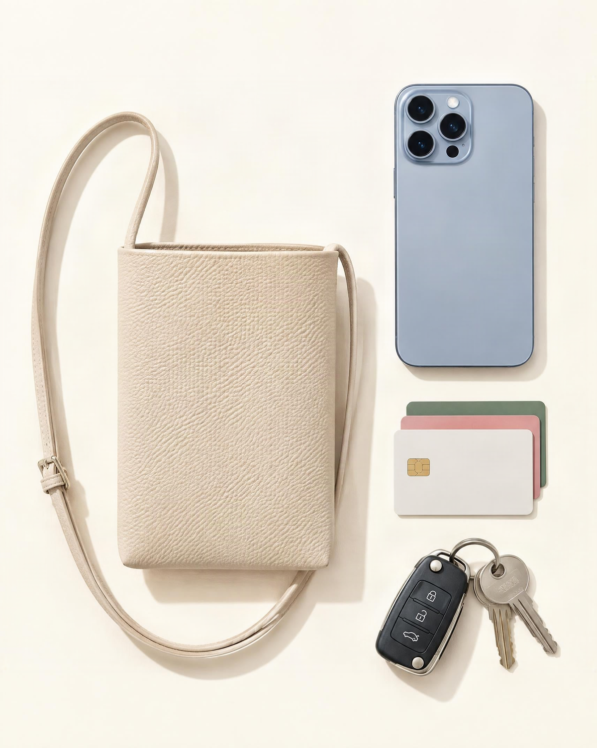What fits in the Cowhide Leather Micro Crossbody Phone Bag – Color Options: a 6.9-inch phone (iphone 16 pro max), cards, keys