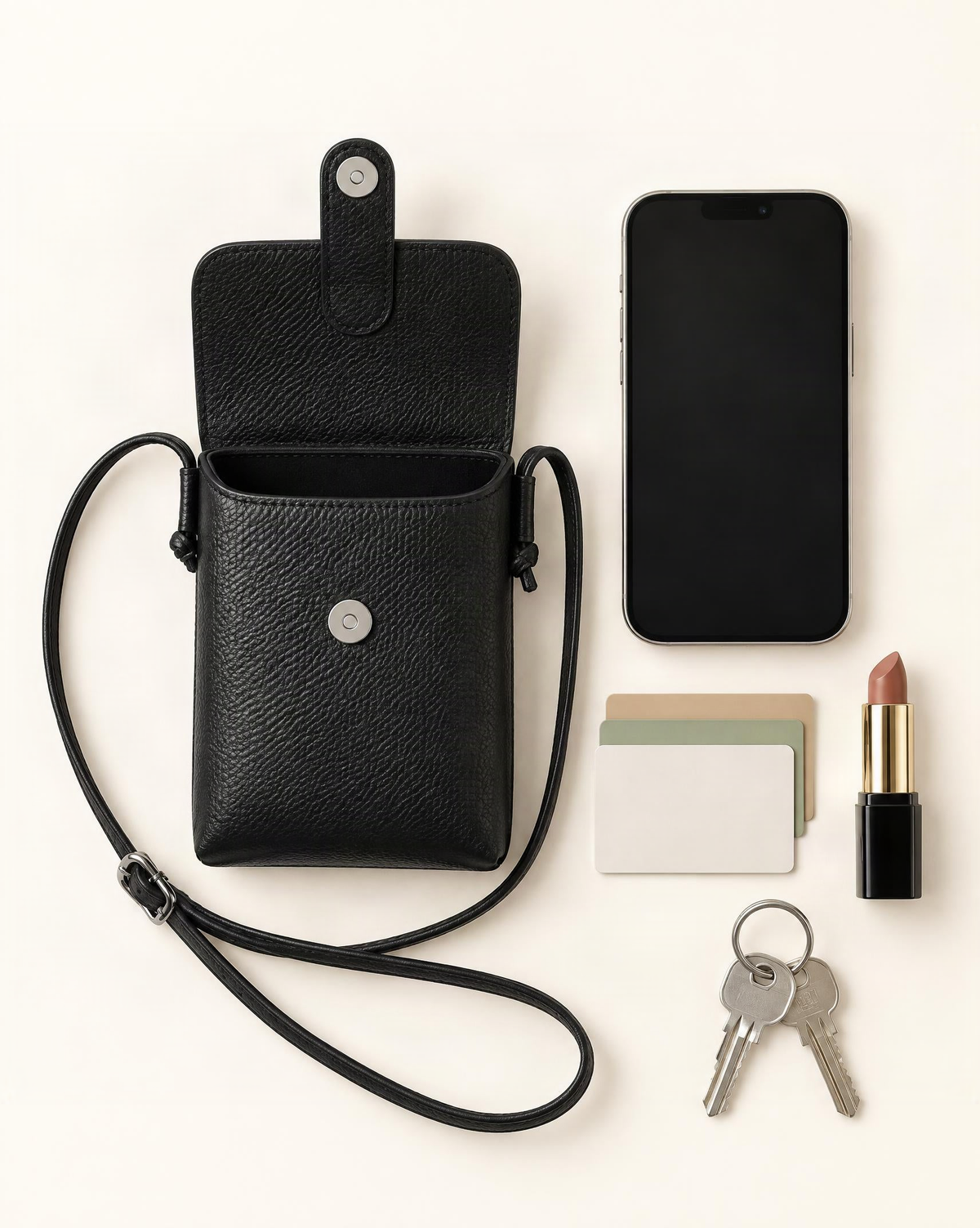 What fits in the Pebbled Cowhide Micro Crossbody Phone Bag: smartphone up to 6.3 in, cards, a lipstick, keys