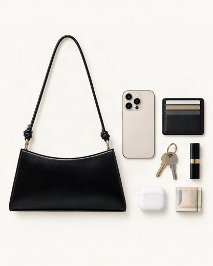 What fits in the Cowhide Leather Underarm Shoulder Bag with Knotted Strap: smartphone up to 6.9 in, cards, keys, a lipstick, airpods in their case, a few banknotes folded over into a small stack, no complete flat bill face showing