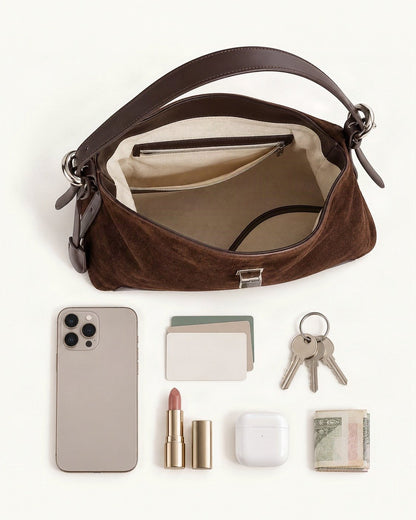 What fits in the Split Suede Shoulder Tote Bag: a 6.9-inch phone (iPhone 16 Pro Max), cards, keys, a lipstick, AirPods in their case, folded notes