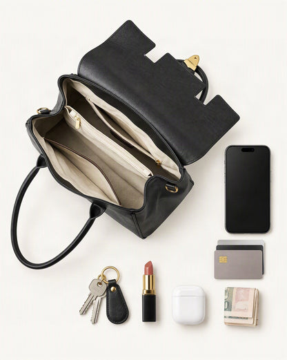 What fits in the Top-Grain Cowhide Small Plus Satchel Bag: smartphone up to 6.9 in, cards, keys, a lipstick, airpods in their case, a few banknotes folded over into a small stack, no complete flat bill face showing