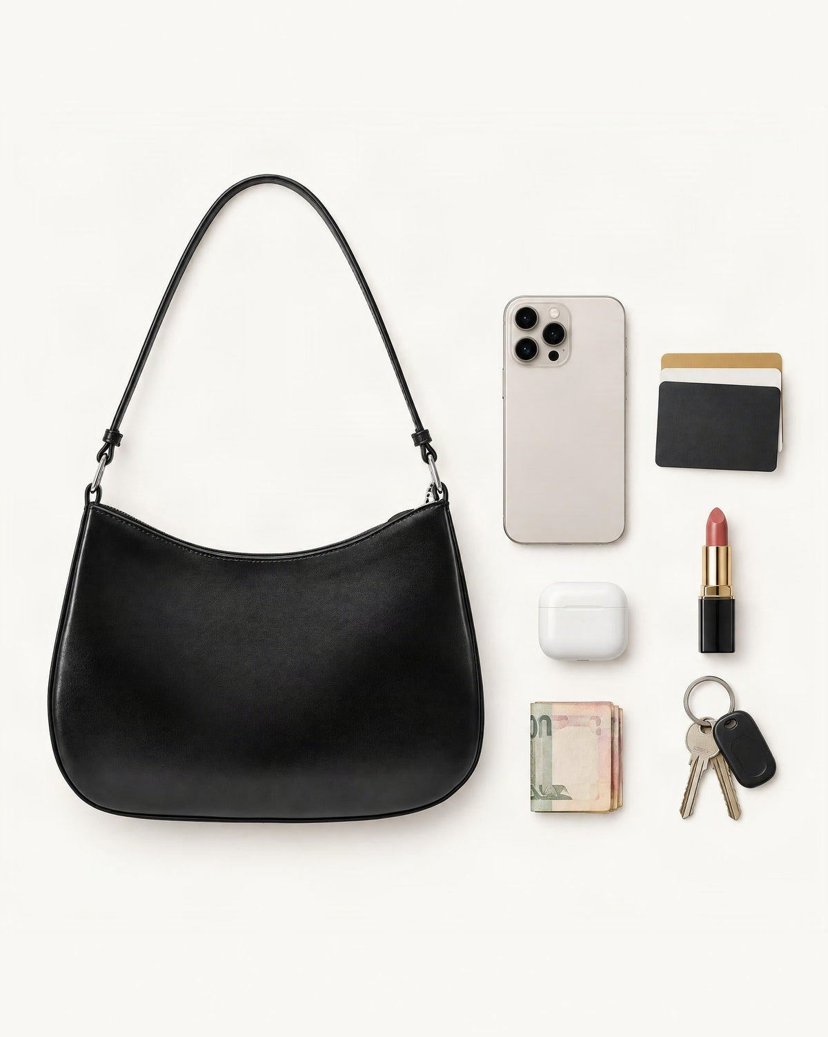 What fits in the Cowhide Leather Underarm Shoulder Bag with Stitched Detail: smartphone up to 6.9 in, cards, keys, a lipstick, airpods in their case, a few banknotes folded over into a small stack, no complete flat bill face showing