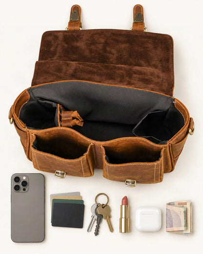 What fits in the Top-Grain Cowhide Camera Crossbody Bag: smartphone up to 6.9 in, cards, keys, a lipstick, airpods in their case, a few banknotes folded over into a small stack, no complete flat bill face showing