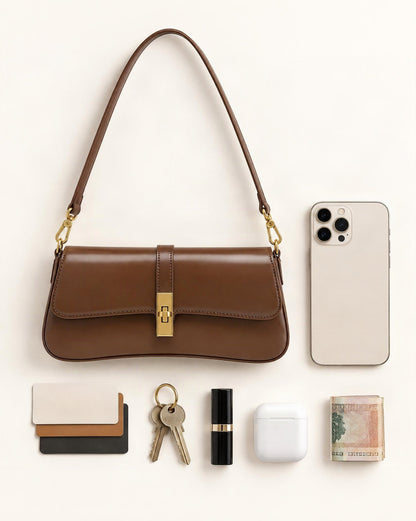 What fits in the Cowhide Leather Small Shoulder Bag with Turn-Lock Closure: smartphone up to 6.9 in, cards, keys, a lipstick, airpods in their case, a few banknotes folded over into a small stack, no complete flat bill face showing