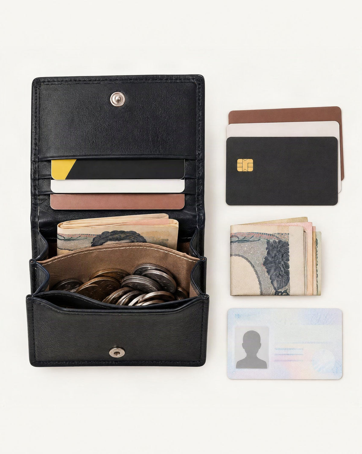 What fits in the Genuine Leather RFID-Blocking Card Holder Wallet: cards, a few banknotes folded over into a small stack, no complete flat bill face showing, an id card