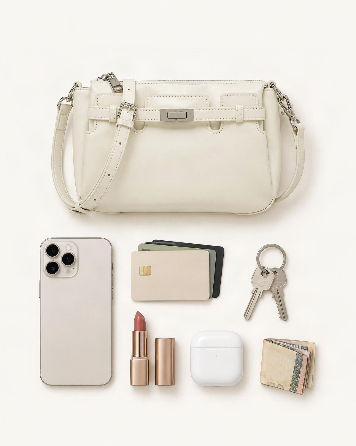 What fits in the Top-Grain Waxed Leather Shoulder Bag with Adjustable Strap: smartphone up to 6.9 in, cards, keys, a lipstick, airpods in their case, a few banknotes folded over into a small stack, no complete flat bill face showing