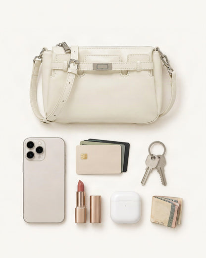 What fits in the Top-Grain Waxed Leather Shoulder Bag with Adjustable Strap: smartphone up to 6.9 in, cards, keys, a lipstick, airpods in their case, a few banknotes folded over into a small stack, no complete flat bill face showing