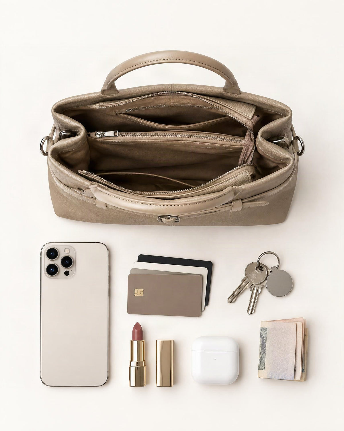 What fits in the Cowhide Leather Small Tote Bag with Adjustable Strap: smartphone up to 6.9 in, cards, keys, a lipstick, airpods in their case, a few banknotes folded over into a small stack, no complete flat bill face showing