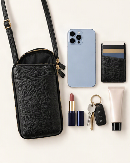 What fits in the Cowhide Leather Phone Crossbody with Card Slots: a 6.9-inch phone (iphone 16 pro max), cards, a lipstick, keys, a 50 ml hand cream