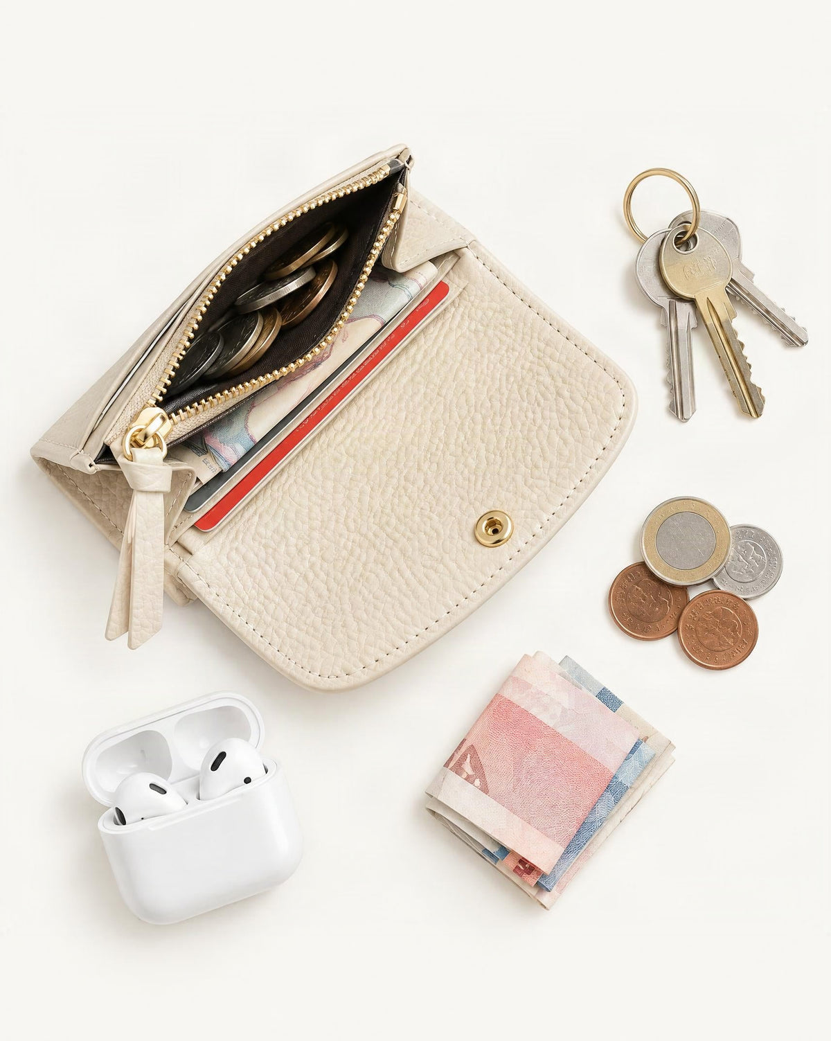 What fits in the Cowhide Mini Coin Purse Wallet with RFID Card Slots: keys, coins, a few banknotes folded over into a small stack, no complete flat bill face showing, earbuds