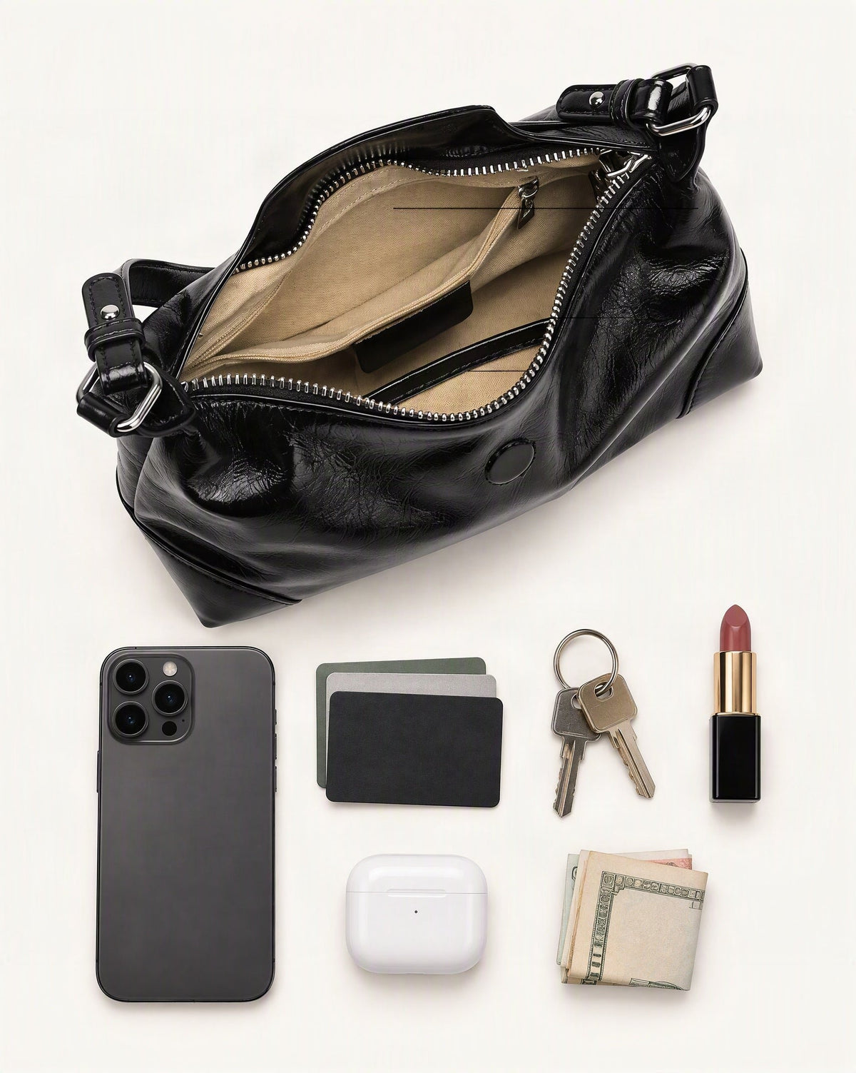 What fits in the Cowhide Leather Small Shoulder Bag with Adjustable Strap: smartphone up to 6.9 in, cards, keys, a lipstick, airpods in their case, a few banknotes folded over into a small stack, no complete flat bill face showing