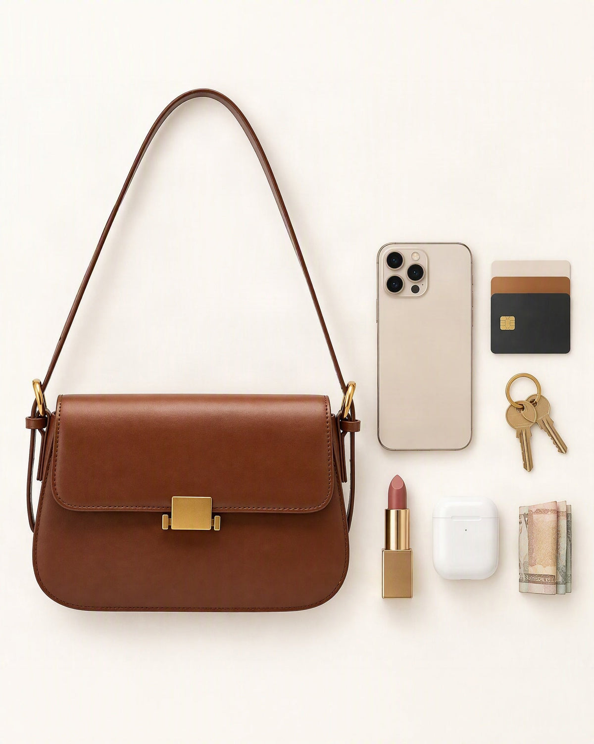 What fits in the Cowhide Leather Small Shoulder Bag: smartphone up to 6.9 in, cards, keys, a lipstick, airpods in their case, a few banknotes folded over into a small stack, no complete flat bill face showing