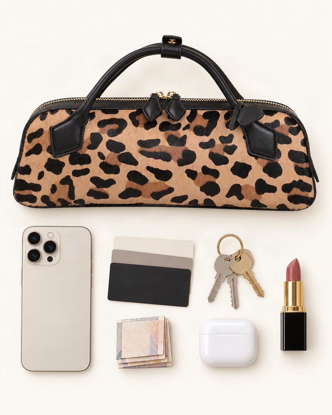 What fits in the Top-Grain Cowhide Small Plus Top-Handle Shoulder Bag: smartphone up to 6.9 in, cards, keys, a lipstick, airpods in their case, a few banknotes folded over into a small stack, no complete flat bill face showing