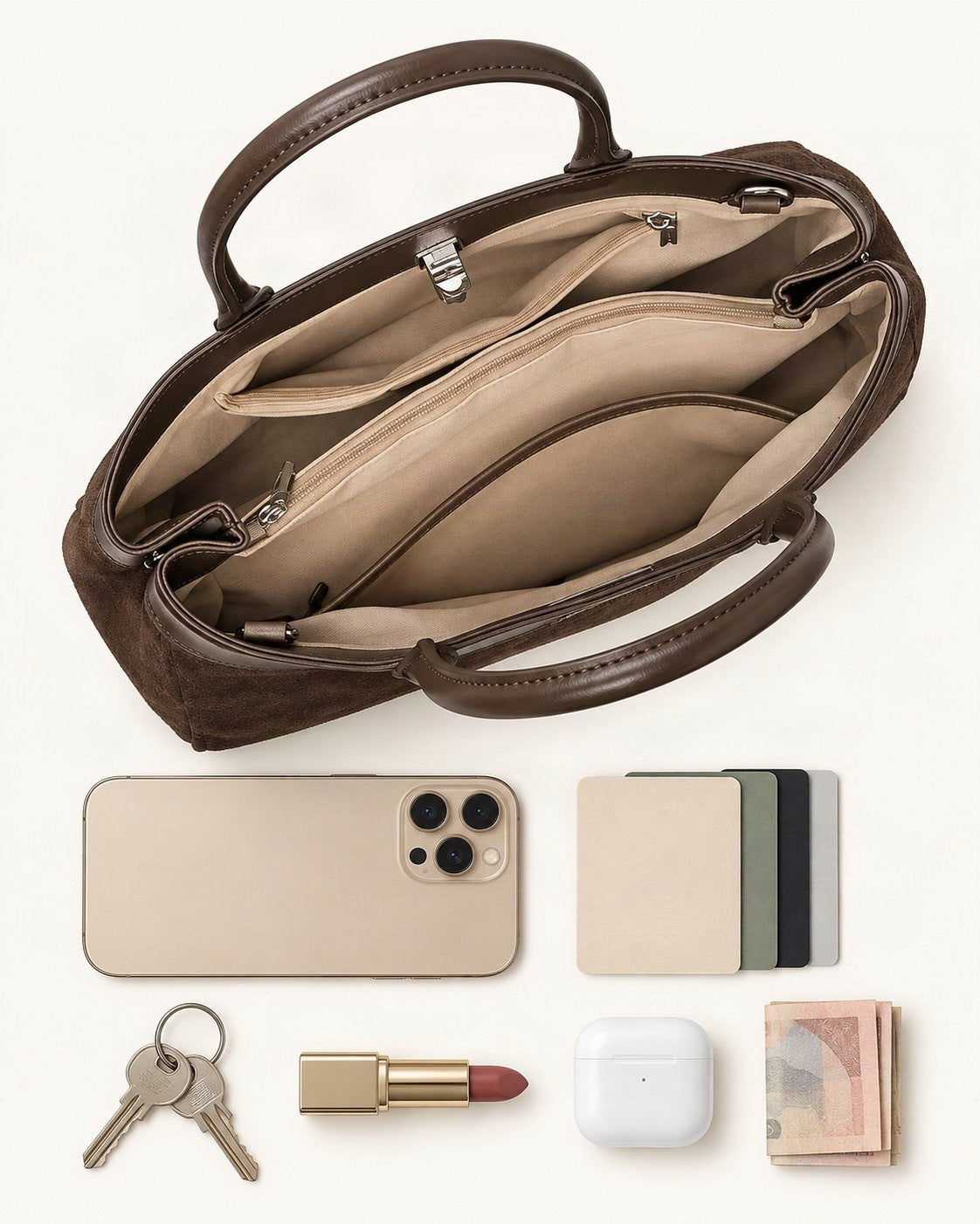 What fits in the Suede Cowhide Top-Handle Shoulder Bag: a 6.9-inch phone (iPhone 16 Pro Max), cards, keys, a lipstick, AirPods in their case, folded notes