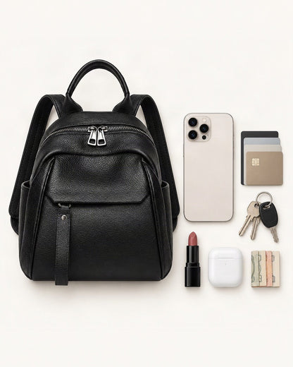 What fits in the Top-Grain Cowhide Backpack with Multiple Pockets: smartphone up to 6.9 in, cards, keys, a lipstick, airpods in their case, a few banknotes folded over into a small stack, no complete flat bill face showing