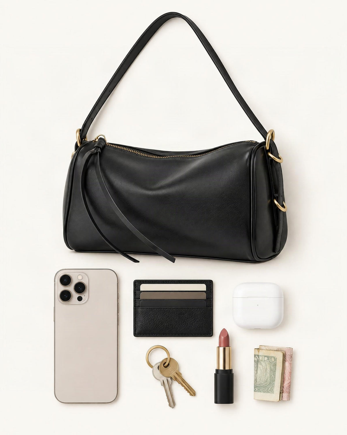 What fits in the Cowhide Leather Small Crossbody Bag with Adjustable Strap: smartphone up to 6.9 in, cards, keys, a lipstick, airpods in their case, a few banknotes folded over into a small stack, no complete flat bill face showing