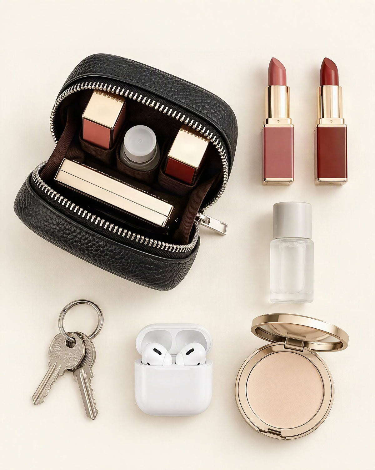 What fits in the Pebbled Leather Mini Cosmetic Pouch: lipsticks, a small skincare bottle, a compact powder, airpods in their case, keys