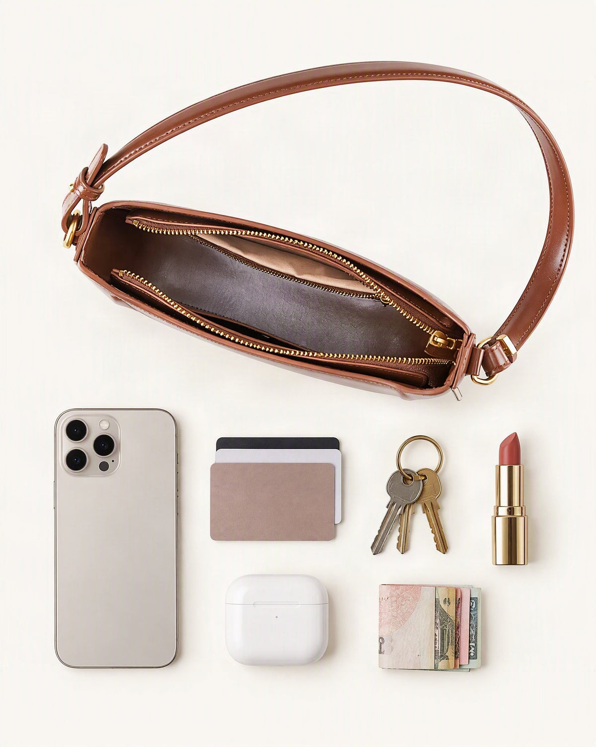 What fits in the Cowhide Leather Shoulder Bag, Underarm Crossbody: smartphone up to 6.9 in, cards, keys, a lipstick, airpods in their case, a few banknotes folded over into a small stack, no complete flat bill face showing