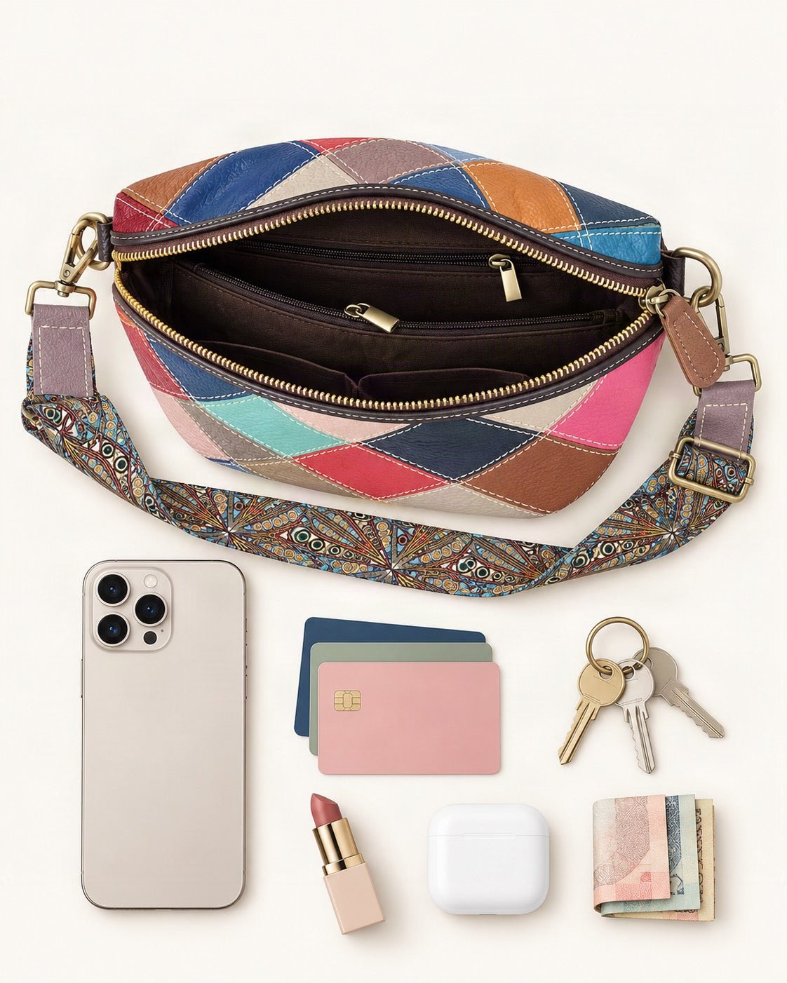 What fits in the Top-Grain Cowhide Small Crossbody Bag: smartphone up to 6.9 in, cards, keys, a lipstick, airpods in their case, a few banknotes folded over into a small stack, no complete flat bill face showing