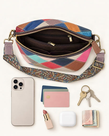 What fits in the Top-Grain Cowhide Small Crossbody Bag: smartphone up to 6.9 in, cards, keys, a lipstick, airpods in their case, a few banknotes folded over into a small stack, no complete flat bill face showing