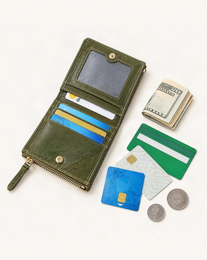 What fits in the Top-Grain Cowhide Vintage Vertical Short Wallet: cards, a few banknotes folded over into a small stack, no complete flat bill face showing, coins