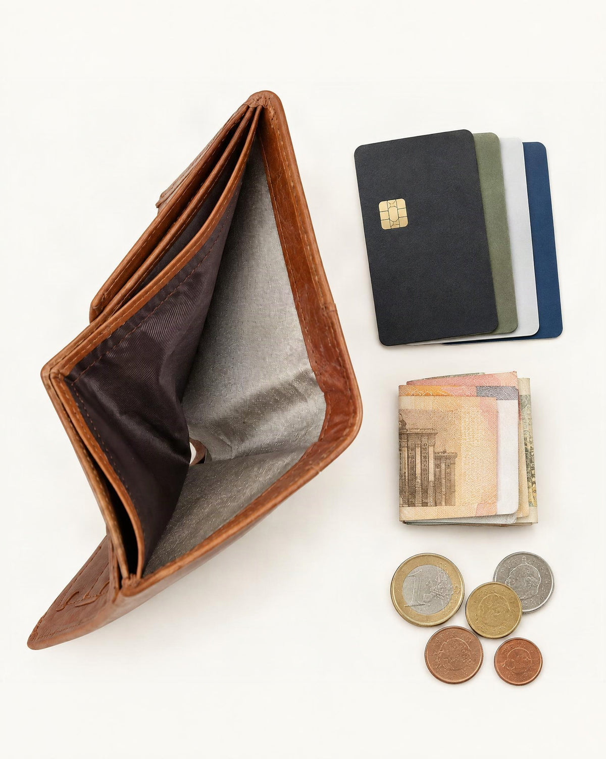 What fits in the Cowhide Leather Bifold Wallet with Card Slots: cards, a few banknotes folded over into a small stack, no complete flat bill face showing, coins