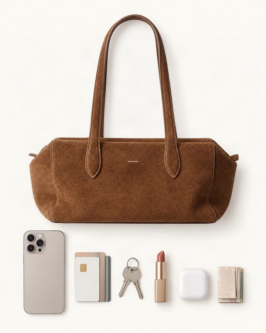 What fits in the Suede Cowhide Small Plus Shoulder Tote Bag: a 6.9-inch phone (iPhone 16 Pro Max), cards, keys, a lipstick, AirPods in their case, folded notes
