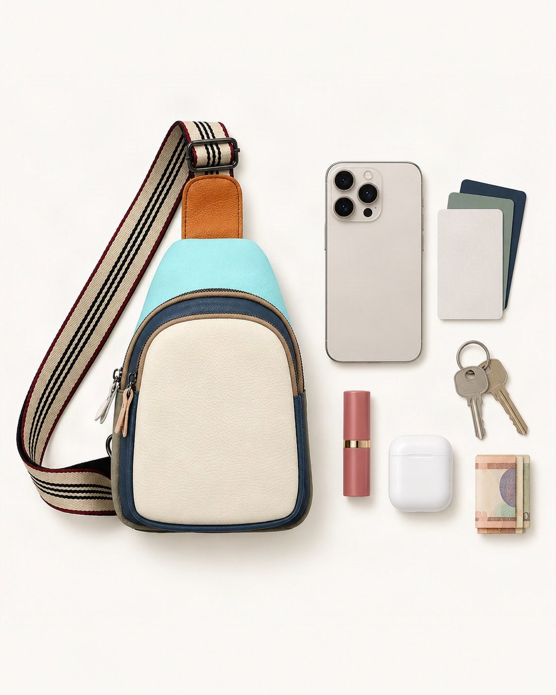 What fits in the Top-Grain Cowhide Crossbody Sling Bag: smartphone up to 6.9 in, cards, keys, a lipstick, airpods in their case, a few banknotes folded over into a small stack, no complete flat bill face showing