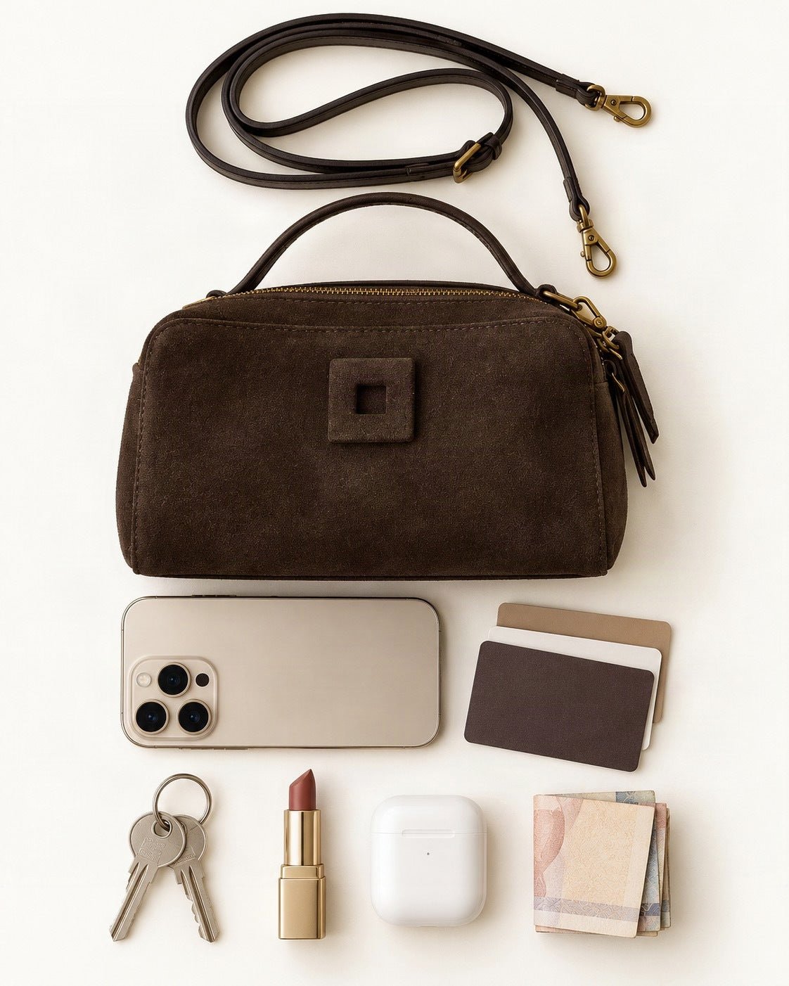 What fits in the Nubuck Cowhide Small Crossbody Bag – Color Options: a 6.9-inch phone (iPhone 16 Pro Max), cards, keys, a lipstick, AirPods in their case, folded notes
