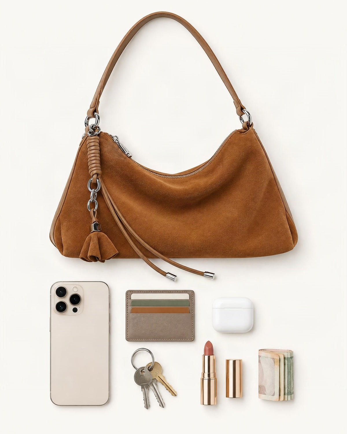 What fits in the Nubuck Cowhide Underarm Tote Bag with Tassel: smartphone up to 6.9 in, cards, keys, a lipstick, airpods in their case, a few banknotes folded over into a small stack, no complete flat bill face showing