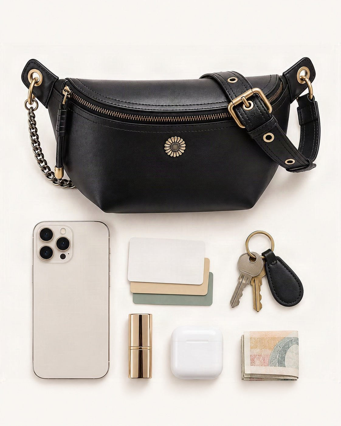 What fits in the Split Leather Crossbody Belt Bag: smartphone up to 6.9 in, cards, keys, a lipstick, airpods in their case, a few banknotes folded over into a small stack, no complete flat bill face showing
