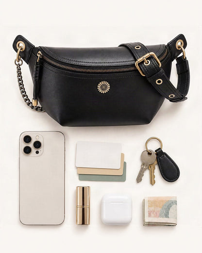 What fits in the Split Leather Crossbody Belt Bag: smartphone up to 6.9 in, cards, keys, a lipstick, airpods in their case, a few banknotes folded over into a small stack, no complete flat bill face showing