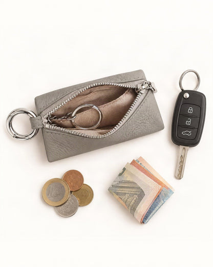 What fits in the Cowhide Leather Key Chain Coin Pouch: keys or a car key, coins, a few banknotes folded over into a small stack, no complete flat bill face showing