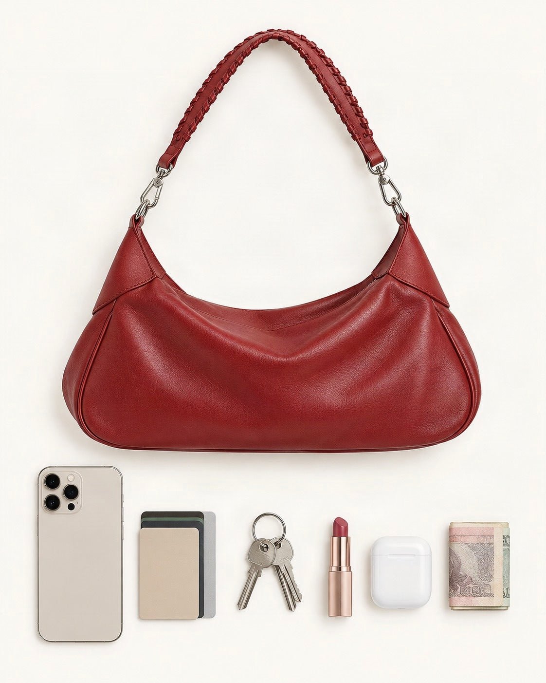 What fits in the Top-Grain Cowhide Hobo Shoulder Bag: a 6.9-inch phone (iPhone 16 Pro Max), cards, keys, a lipstick, AirPods in their case, folded notes