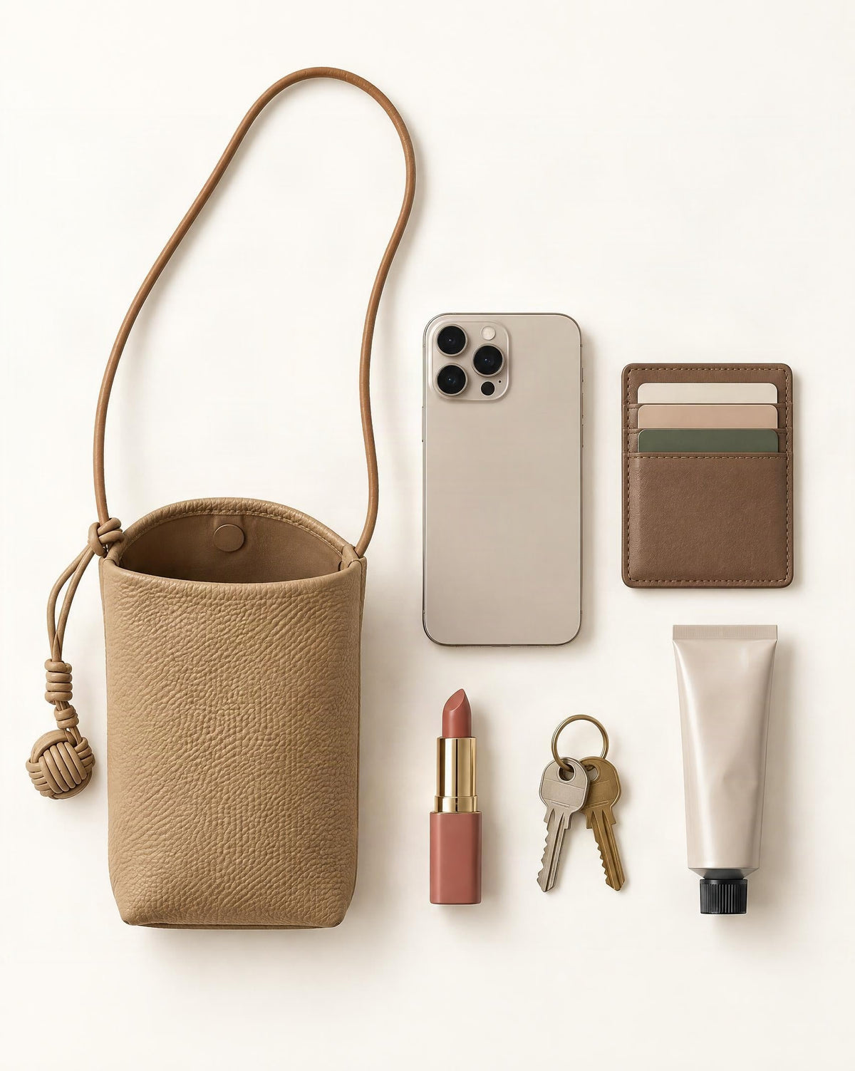 What fits in the Cowhide Leather Micro Bucket Phone Crossbody Bag: a 6.9-inch phone (iphone 16 pro max), cards, a lipstick, keys, a 50 ml hand cream