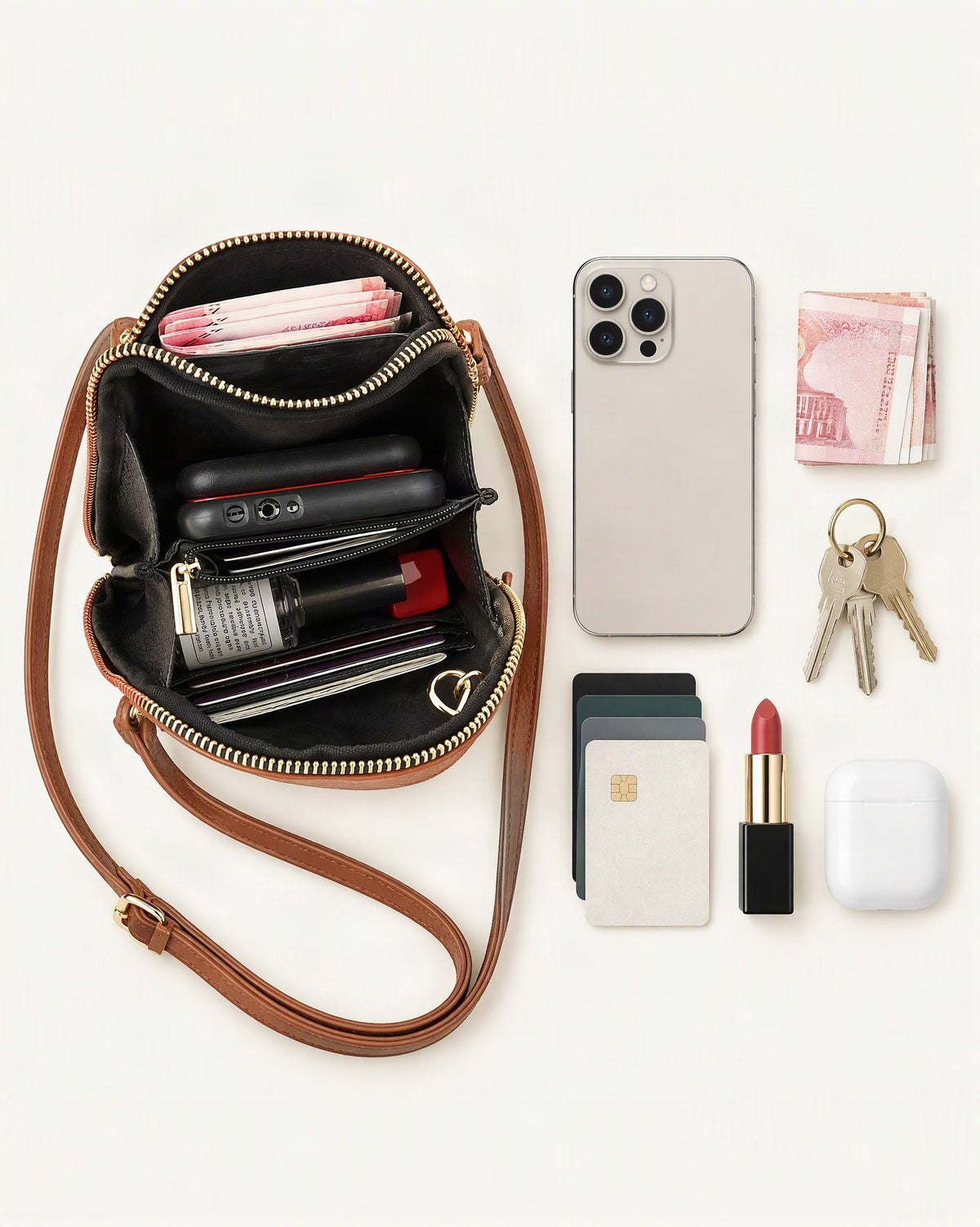 What fits in the Cowhide Vertical Crossbody Phone Bag, Pebbled: smartphone up to 6.9 in, cards, keys, a lipstick, airpods in their case, a few banknotes folded over into a small stack, no complete flat bill face showing