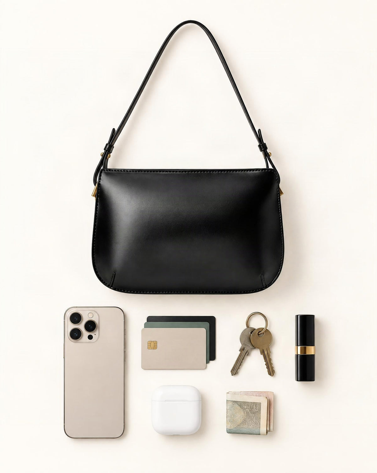 What fits in the Cowhide Leather Underarm Bag with Detachable Strap: smartphone up to 6.9 in, cards, keys, a lipstick, airpods in their case, a few banknotes folded over into a small stack, no complete flat bill face showing