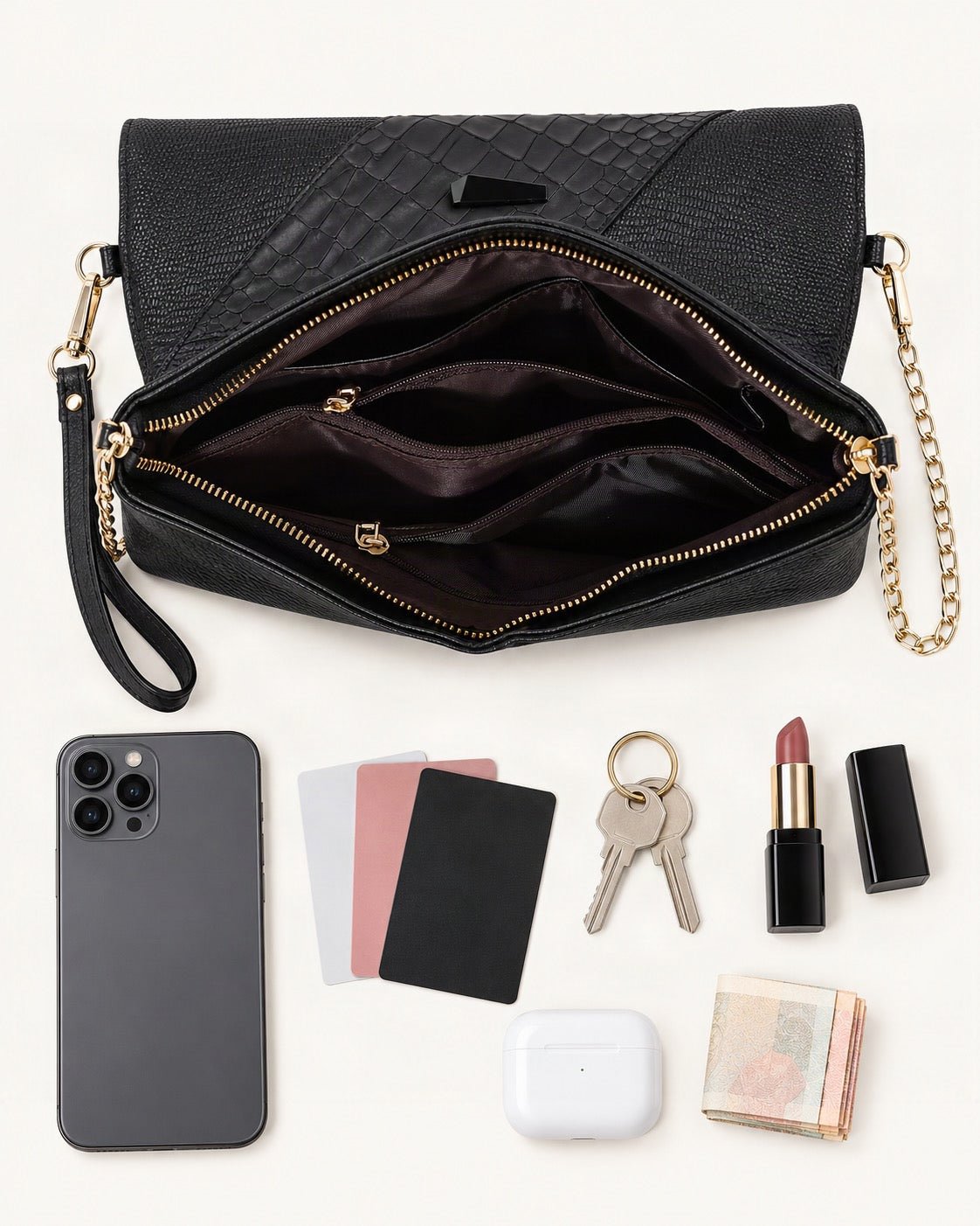 What fits in the Top-Grain Cowhide Crossbody Clutch: smartphone up to 6.9 in, cards, keys, a lipstick, airpods in their case, a few banknotes folded over into a small stack, no complete flat bill face showing