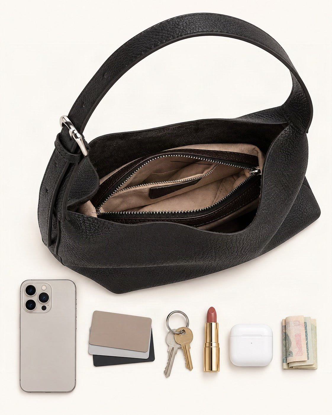 What fits in the Pebbled Cowhide Small Plus Shoulder Hobo Bag: smartphone up to 6.9 in, cards, keys, a lipstick, airpods in their case, a few banknotes folded over into a small stack, no complete flat bill face showing