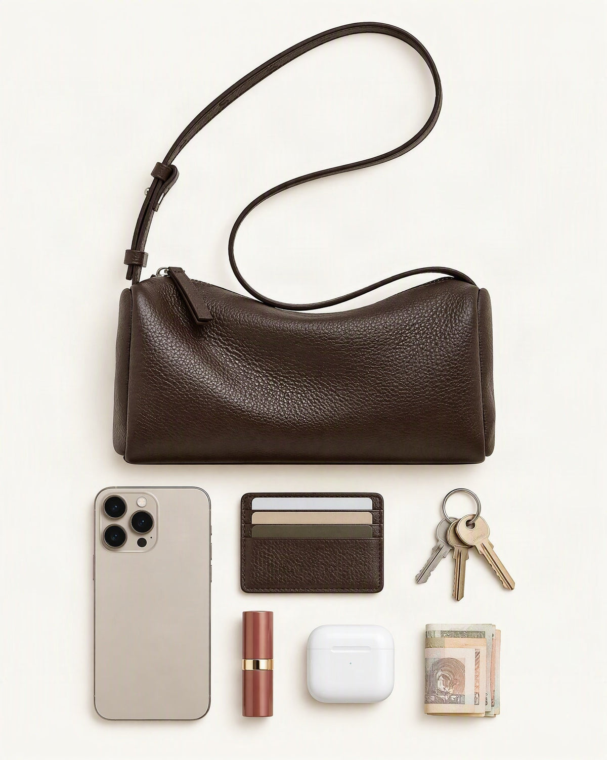 What fits in the Cowhide Leather Small Barrel Crossbody Bag: smartphone up to 6.9 in, cards, keys, a lipstick, airpods in their case, a few banknotes folded over into a small stack, no complete flat bill face showing