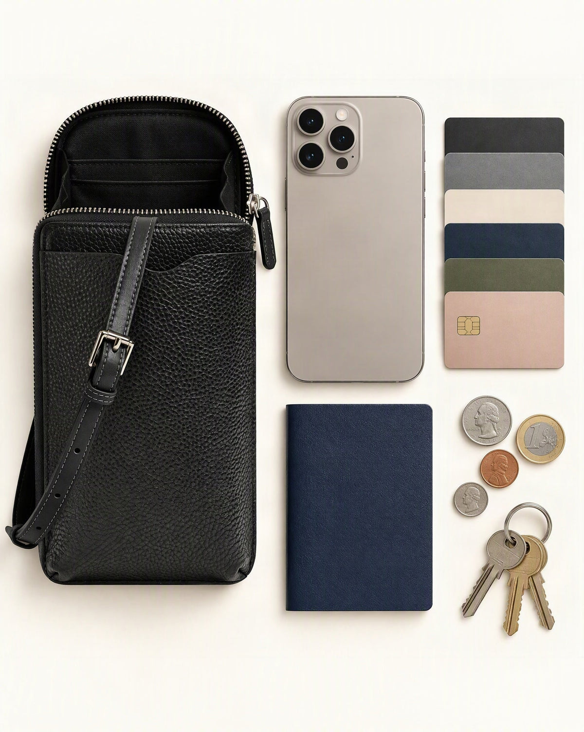 What fits in the Cowhide Leather Vertical Phone Crossbody Bag: a 6.9-inch phone (iphone 16 pro max), 6 cards, a passport, coins, keys